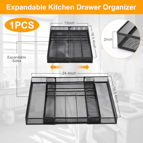 1 Pcs Utensil Drawer Silverware Organizer, Metal Mesh Expandable 13" ~24" Kitchen Drawer Organizer, 7-9 Slots Cutlery Tray Dividers for Kitchen Flatware Christmas Housewarming Gift (Black) - color: Black