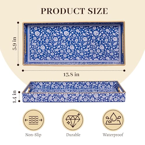 MAONAME Blue Vanity Tray, Bathroom Counter Tray, Plastic Decorative Trays with Handles, Storage Dresser Trays Organizer for Toilet Tank, Jewelry, Makeup, 13.8" x 6" x 1.57" - color: Bohemian-8