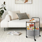 Rolling Round Metal Side Table,2-Tier Storage Side Table with Wheels,End Coffee Table with Steel Frame and Fabric Storage Basket,Cart Side Table Tray for Living Room,Bedroom,Wood Black - color: Wood Black