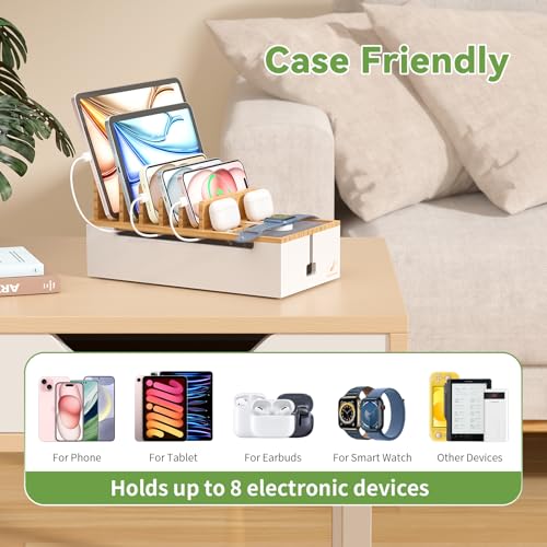 Pezin & Hulin Bamboo Cable Management Box, Wire Organizers for Cords, Charge Station Box, Desktop Dock Organizer Rack for Electronic Device (Include 6 Cables)(No Power Adapter) -Natural + White - color: Natural + White (No Charger)