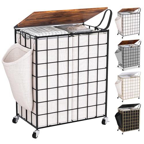 Laundry Basket with Wheels, Heavy Duty Laundry Sorter 2 Sections, 120L (32Gal.) Large Capacity Laundry Hamper with Wood Lid, 360 Rolling Wheels, Extra Side Pocket, Leather Pull Handle, Beige - color: Beige, size: 120L