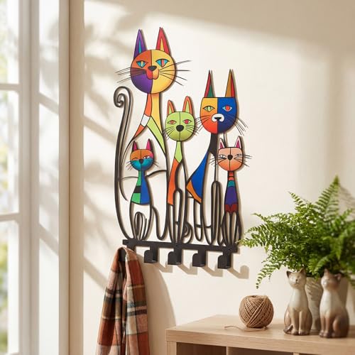 Mid Century Wall Mounted Coat Rack with 5 Hooks Retro Colorful Cat Wall Art Decor Decorative Black Metal Hanger for Coats, Hats, Bags, Keys, Towels for Home, Bathroom, Office(Vintage) - style: Vintage