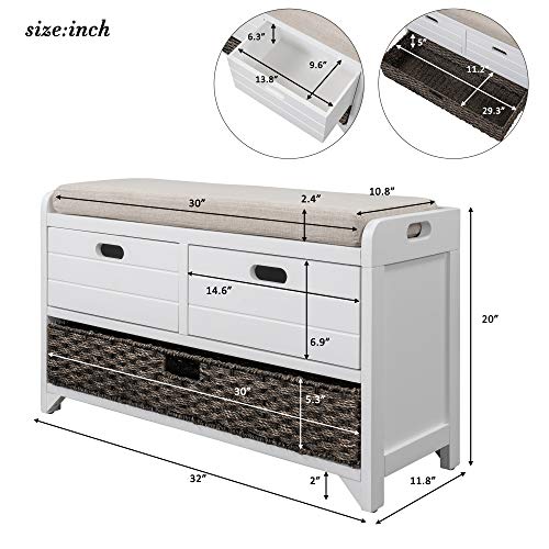 Solid Acacia Wood Entryway Bench - Fully Assembled Storage Bench with 2 Drawers, Rattan Basket & Cushion, No Assembly Required (White) - color: White