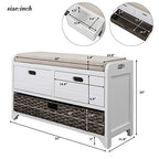 Solid Acacia Wood Entryway Bench - Fully Assembled Storage Bench with 2 Drawers, Rattan Basket & Cushion, No Assembly Required (White) - color: White