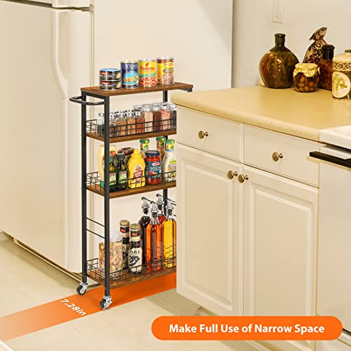 YBING Slim Storage Cart 4 Tier Narrow Kitchen Rolling Cart with Wooden Tabletop Mobile Utility Stand on Wheels for Bathroom Laundry Narrow Places Rustic Brown 16.5''L X 7.3''W X 34.6''H - color: Browm