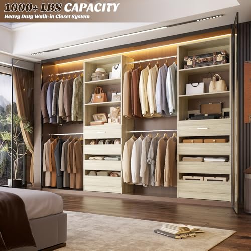 Aheaplus 4-9Ft Closet System, Closet Organizer with 4 Wooden Drawers, Wood Closet Organizer System with Tower, Walk-in Closet Organizer Wardrobe and Storage with 4 Hanging Rods, White Oak - color: White Oak-1Set