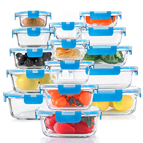 30 Pieces Glass Food Storage Containers, Meal Prep Set with Snap Locking Lids, Airtight lunch Containers, BPA-Free, Microwave, Oven, Freezer & Dishwasher Friendly,Blue - color: Blue