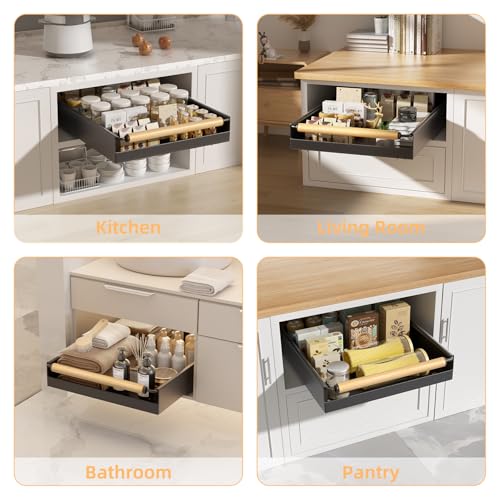 2 Pack 15.3'' Deep Expandable Slide Out Cabinet Shelf No-Drill Pull Out Drawer with Nano Film Adhesive, Heavy Duty Pull Out Tray for Kitchen, Pantry & Bathroom, Black - color: 2 Pack Black