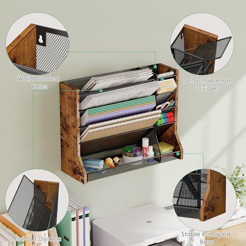 Jakyitvi Wall Desk File Organizer 5 Tiers, Ironwood Mail Organizer Wall Mounted with R-shaped Tray, Wall Organizer for Office Home, 4 Pull-Out Divider and Pen Slots to Sort File,Mail,Newspaper,Pen - size: 5-Tire & Ironwood