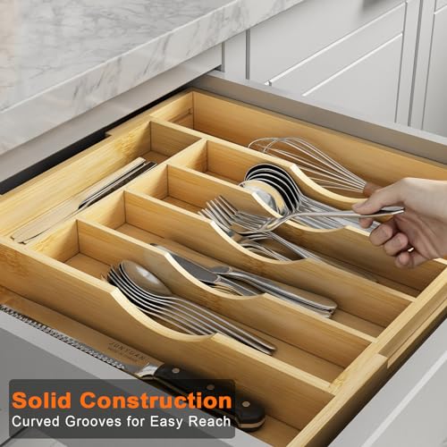 Youpehom Bamboo Utensil Organizer for Kitchen Drawers, Expandable Utensil Tray and Cutlery Silverware Holder,Wood Drawer Dividers with 7 Adjustable Slots - size: 7 Slots Expandable
