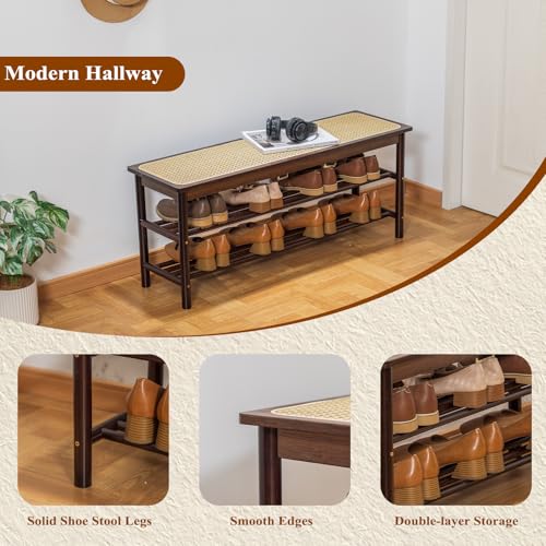 Bamboo Entryway Bench with Woven Rattan Seat, 2-Tier Shoe Storage Bench for Hallway & Entryway 39.4 inches Walnut - color: Walnut, size: 39.4 inch