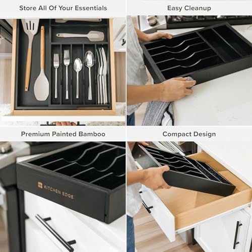 KitchenEdge Premium Silverware, Flatware and Utensil Organizer for Kitchen Drawers, Food-Safe Contract Grade, Expandable from 10.5 to 19 In, Black Bamboo - color: Black Bamboo, size: From 10.5" to 19" wide