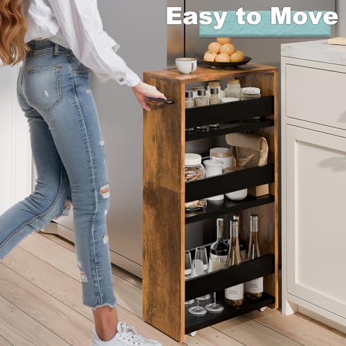 MARTY Rolling Storage Cart 7.9" W, 4-Tier Narrow Kitchen Cart with Wheels Handle, Slim Storage Mobile Shelving Utility Carts for Bathroom Laundry Room Organization Small Spaces(Rustic Brown) - color: Brown+black, size: 7.9"D x 15.75"W x 31.5"H