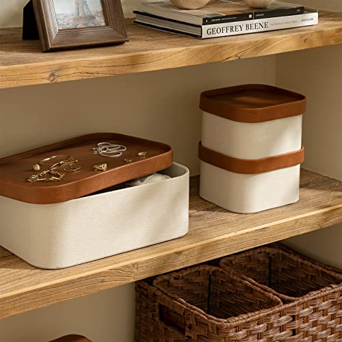 Beige Decorative Storage Boxes With Lids, Storage Baskets with Leather-Like Lids, Sturdy Stackable Paper Boxes Decorative Tray, Modern Basket Organizer Bins for Jewelry Shelve Bathroom Bedroom - color: Beige