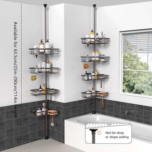 KEGII 4-Tier Corner Shower Caddy Tension Pole - Waterproof Shower Rod Organizer, Floor to Ceiling Tension Rod 25-114.2 inch, Stainless Steel Corner Shower Shelf, Bronze - style: Tension Caddy - Brown