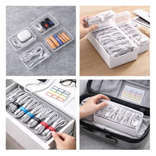 KUGUA 2 Pack Cable Organizer Box Set with 7 and 11 Clear Cases for Charging Cables, Chargers, Earphones and Small Accessories, Includes Cable Ties and Labels for Home, Desk and Drawer
