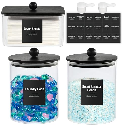 Glass Laundry Pods Container & Acrylic Dryer Sheet Holder with Balck Bamboo Knobs Lids, Scoops & Labels | Premium Laundry Room Organization and Storage for Detergent Pods, Powder, Dryer Balls & Beads - color: Black Cap with handle