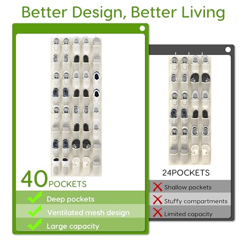 Unjumbly Over the Door Shoe Organizer with 40 Large Breathable Mesh Pockets, Space Saving Shoe Holder, Hanging Shoe Rack for Entryway Bedroom Closet Storage (Beige, 40 Pockets) - color: Beige, size: 40 Pockets