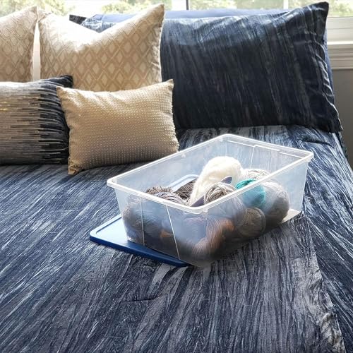 HOMZ 4-Pack Snaplock, Small Clear Plastic Storage Organizer Bins w/Lids, 12 Quart, Blue - Stackable Container Boxes for Bedroom, Bathroom, Garage, and Office Organization - color: Blue Lid, size: 12 QT (4 Pack)