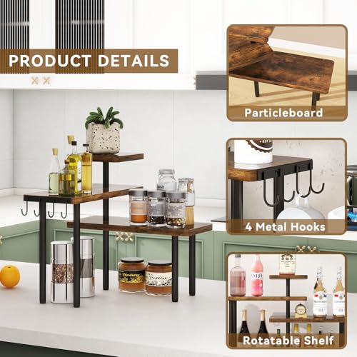 IBUYKE Kitchen Countertop Organizer,3-Tier Wooden Spice Racks,Bathroom Counter Organizer，Rotating Adjustable,4 Side Hooks,Corner Shelf for Kitchen,Coffee Bar, Cabinet, Desk,Rustic Brown,TLJ023H - color: Brown, size: 1 pack (Improved)