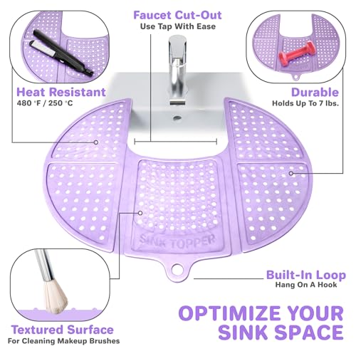 Sink Topper Bathroom Counter Cover & Storage Saver, Foldable Silicone Mat for Hot Tools, Hair Styling & Makeup, Beauty Brush Cleaning Mat, RV Camper Sink Cover & for Small Spaces (Standard Lavender) - color: Lavender, size: Standard