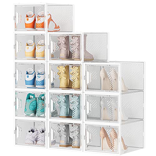 Shoe Storage, 12 Pack X-Large Shoe Organizer for Closet, Shoe Boxes Clear Plastic Stackable Shoe Storage Boxes for Size 13 - color: White