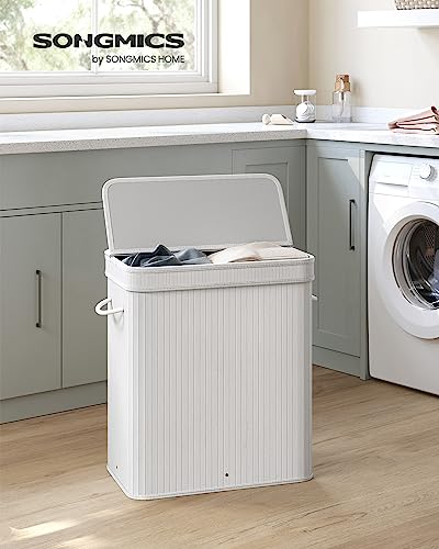 SONGMICS Laundry Hamper with Lid, Bamboo Laundry Basket, Removable Machine Washable Laundry Basket, with Handles, 26.4-Gallons, for Laundry Room, Bedroom, Bathroom, Cloud White ULCB063W01 - color: Cloud White, size: 100 L