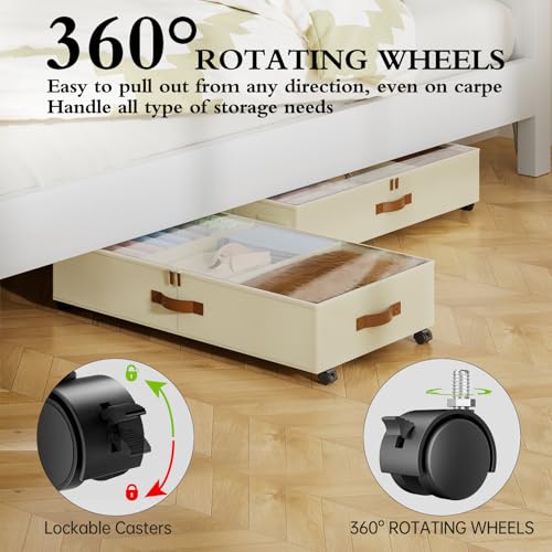 Yecaye Under Bed Storage with Wheels, 2 Pack Under Bed Storage Containers with Adjustable Dividers & Clear Lid, Rolling Underbed Organizer Bins Drawer for Clothes, Shoes, Blankets(30.3 x 16 x 6.7in) - color: Beige, size: Large(2Pack)