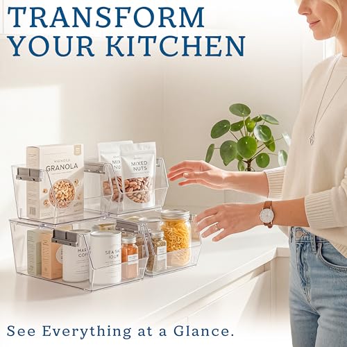 HOMESTEAD Set of 4 Stackable Storage Bins, 2 Large + 2 Small Clear Plastic Organizer Bins, Open Front Design for Kitchen Pantry, Fridge, Cabinet, Bathroom Organization and Snack Storage
