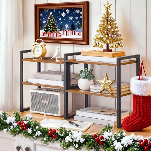 HOOBRO Desk Shelf Organizer, Adjustable Desktop Bookshelf, 2-Tier Shelf for Top of Desk, Wooden Office Storage Rack, for Office, Study, Kitchen, Dorm, Rustic Brown and Black BF39SJ01 - color: Rustic Brown + Black