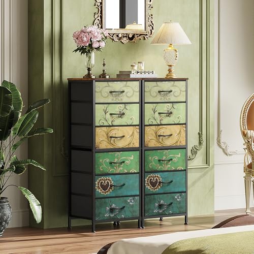 WLIVE Tall Dresser for Bedroom, 6 Drawer Vertical Fabric Dresser, Skinny Chest of Drawers for Closet, Narrow Storage Tower with Metal Frame, Tall Nightstand for Small Spaces, Floral Painted - color: Floral Painted, size: 11.73"D x 15.67"W x 39.37"H