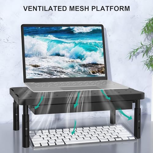 WALI Computer Monitor Stand with Storage, Desk Monitor Riser 3 Height Adjustable, Laptop Riser with Airflow Vents, Desk Organizer for Computer, Laptop, Printer (PTT002-B), 1 Pack, Black - color: Matte Black, size: with Drawer