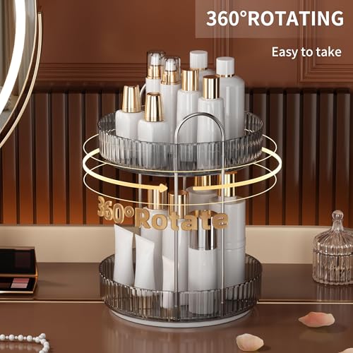 YCIA&DONE 360 Rotating Makeup Organizer and Storage for Vanity Countertop 2 Tiers, High Capacity Cosmetic Skincare Perfume Organizers for Dresser Bathroom Lazy Susan (Smoky Gray) - color: Smoky Gray, size: 9" (2 Tiers)
