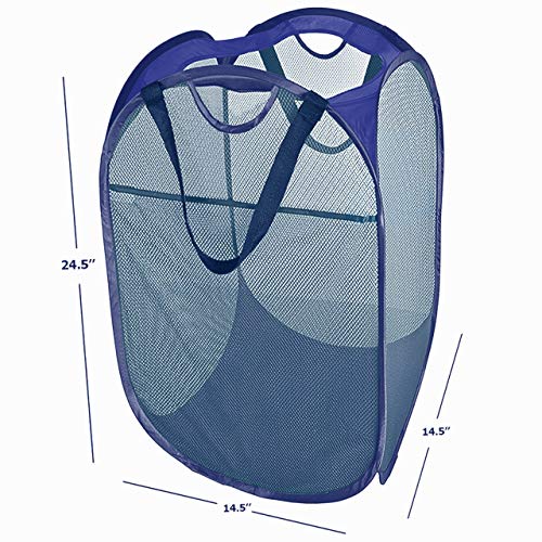 HOUSE AGAIN [Reinforced] Strong Mesh Pop-up Laundry Hamper, Quality Collapsible Laundry Basket with Durable Handles Solid Bottom High Carbon Steel Frame, Easy to Open and Fold Flat for Storage(Blue) - color: Blue, size: 1-Pack