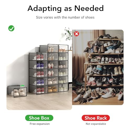 Foluck X-Large Shoe Storage Box, 15 Pack Clear Plastic Stackable Shoe Organizer for Closet, Interlocking Design Shoe Container Bins for Sneakers, Foldable Shoe Rack with Lids, Black - color: Black