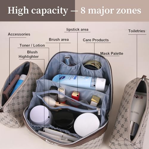 BOYATU Travel Makeup Bag Cosmetic Bags for Women: 3 Pcs Set Large Capacity Make up Bag with Handle - Vegan Leather Toiletry Bags with Compartments - Makeup Organizer for Travel Essentials(A-2-Khaki) - color: A-2-Khaki