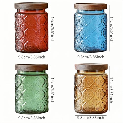 Vintage Glass Storage Jar with Solid Wood Lid - Sunflower Kitchen Canister for Coffee, Candy, Laundry Detergent - Cute Food Storage Jar for Pantry, Countertop (4 color-Begonia Flower, 23.7 Ounces) - color: 4 color-Begonia Flower, size: 23.7 Ounces
