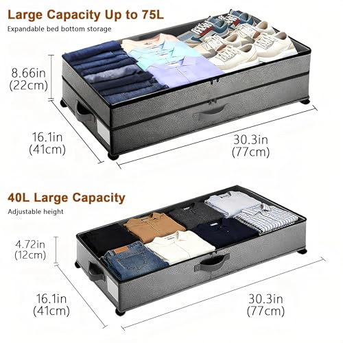 Under Bed Storage with Wheels, 2 Pack 75L Underbed Large Storage Bins with Lid, Adjustable Rolling Storage Containers for Clothes, Shoes, Blankets