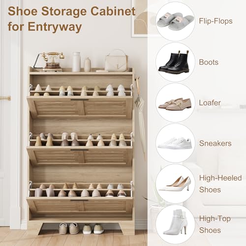 Garvee Shoe Storage Cabinet with 3 Flip Drawers, Freestanding Shoe Organizer Storage for Entryway with 2 Side Hooks, Farmhouse Hidden Slim Narrow Shoe Rack Cabinet, Natural Oak - color: Natural Oak, size: 3-Drawers