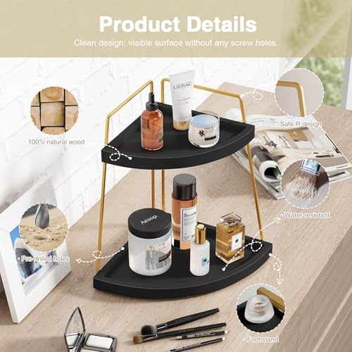 Forbena Black and Gold Corner Bathroom Counter Organizer, Modern Kitchen Countertop Shelf Organizer for Sink, Two Tier Makeup Vanity Storage Holder Tray for Table Top Skincare Perfume Decor - color: Black-gold