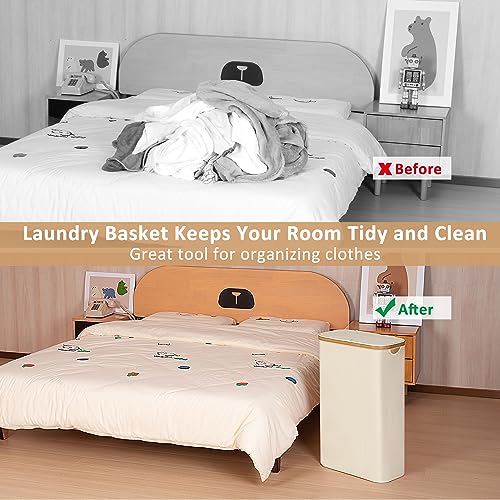 iEGrow 65L Slim Laundry Hamper, Narrow Laundry Basket with Lid,Foldable Clothes Hamper with Bamboo Handles,Hamper Basket with Removable Inner Bag for Laundry Room Bedroom College Dorm,17.17 Gals Beige - color: Beige, size: 65L