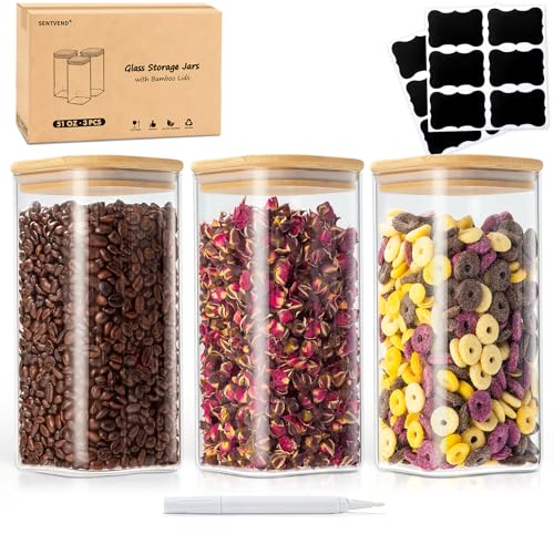 SENTVEND 51 Oz Glass Storage Jars with Bamboo Lids - 3 Pack Clear Glass Canisters Square Airtight Stackable Ideal for Pantry Storage Containers Great for Storing Oats Coffee Beans Pasta Flour Rice etc - color: 51 OZ-Clear