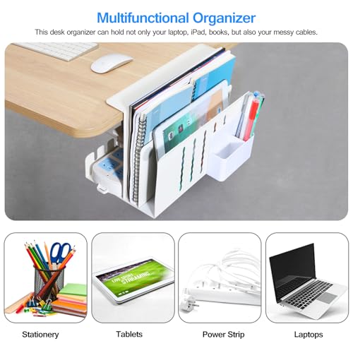MAXECHO Desk Side Storage, Under Desk Laptop Mount, Table Side Hanging File Organizer, No Drill Clamp On Cable Management Tray, Laptop Holder with Magnetic Pen Holder for Office and Home, Load 22 Lbs - color: White, size: Double-deck with Pen Holder & Cab