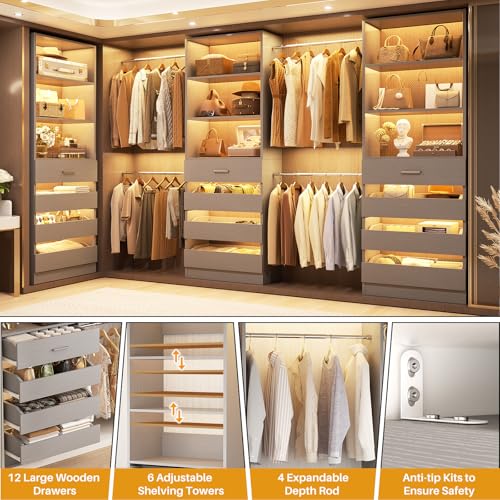 Aheaplus Closet System with 12 Drawers, 8.5-11.5Ft Wood Closet Organizer System with 4 Hanging Rods & 3 Towers, 4Ft & 6Ft L-Shaped Walk-in Closets Wardrobe Organizer Clothes Rack, Set of 3, Grey1 - color: Grey