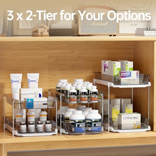 Delamu 2 Pack 3-Tier Bathroom Under Sink Organizers and Storage, Multi-Purpose Stackable Pantry Organization and Storage, Pull Out Clear Kitchen Bathroom Cabinet Organizer with Movable Dividers, Grey - color: Grey, size: 2 Pack 3-Tier