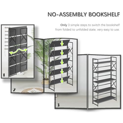 4NM Extra Wide 5 Tiers No Assembly Book Shelves, 51.2" H Folding Bookshelf Bookcase Open Industrial Foldable Shelves for Bedroom, Living Room, Home Office - All Black - color: All Black, size: Wide XX 5-Tier