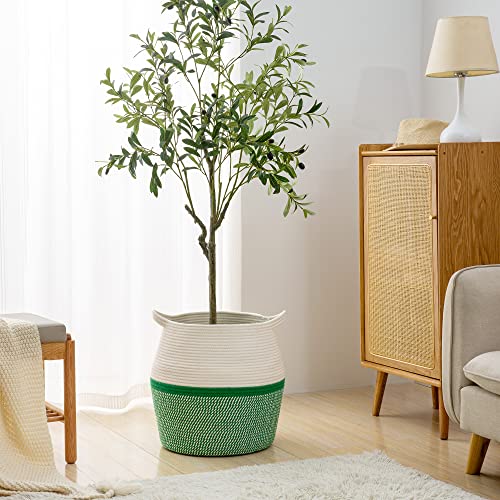 KAKAMAY Woven Baskets for Storage(17"x17"),Large Cotton Rope Woven Baby Laundry Hamper,Collapsible Laundry Basket, Blanket Basket for Organizing Living Room,Nursery,Pillows,Toy Chest(Green) - color: Green
