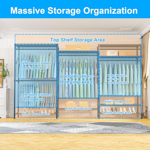 Ulif E13C Max Heavy Duty Closet Organizer System，Freestanding Clothing Racks for Hanging Clothes，Adjustable Garment Rack 86" W x16 D x77 H Hold 1100 lbs，Black Rack with Black Dustproof Cover - color: Black Rack with Black Cover, size: E13C Max