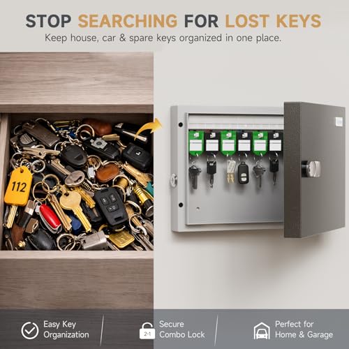 WeHere 16 Key Lock Box – Wall Mounted Key Cabinet with Dual Lock (Key & 3-Digit Combination), Home & Small Office Key Organizer for Entryway & Garage，Includes Key Tags - size: 16 Key Box (Basic)