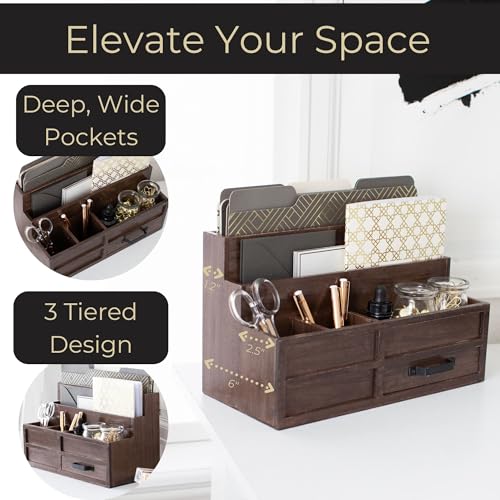 BLU MONACO | Wooden Mail Organizer with Drawer and Pen Holder | Mail Sorter Organizer Countertop for Desk or Kitchen | Outgoing Mail Holder Wood Desktop Storage - color: Brown